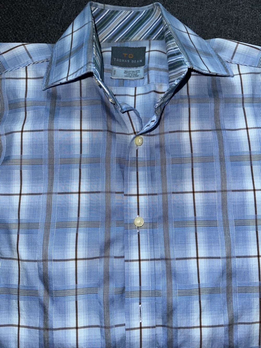 Thomas Dean Light Blue and Brown Windowpane Plaid cotton Dress Shirt